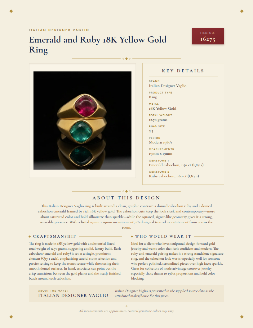 Italian Designer Vaglio Emerald and Ruby 18K Yellow Gold Ring — anatomy card