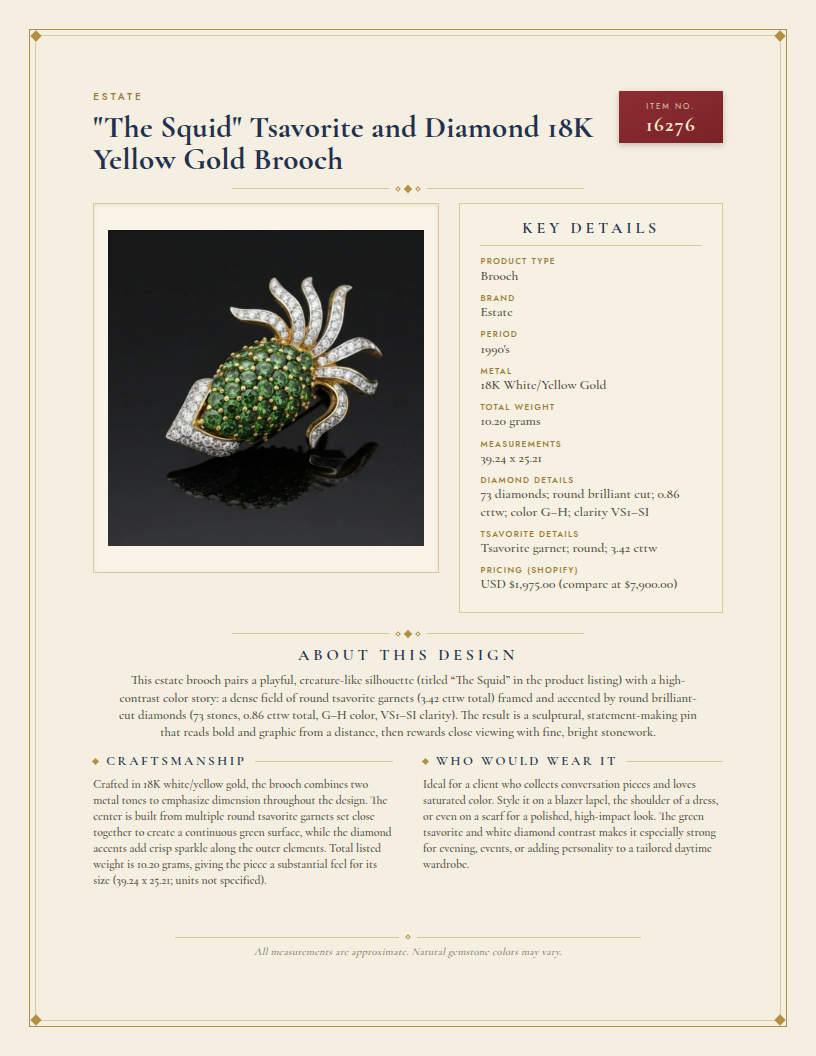 "The Squid" Tsavorite and Diamond 18K Yellow Gold Brooch — anatomy card