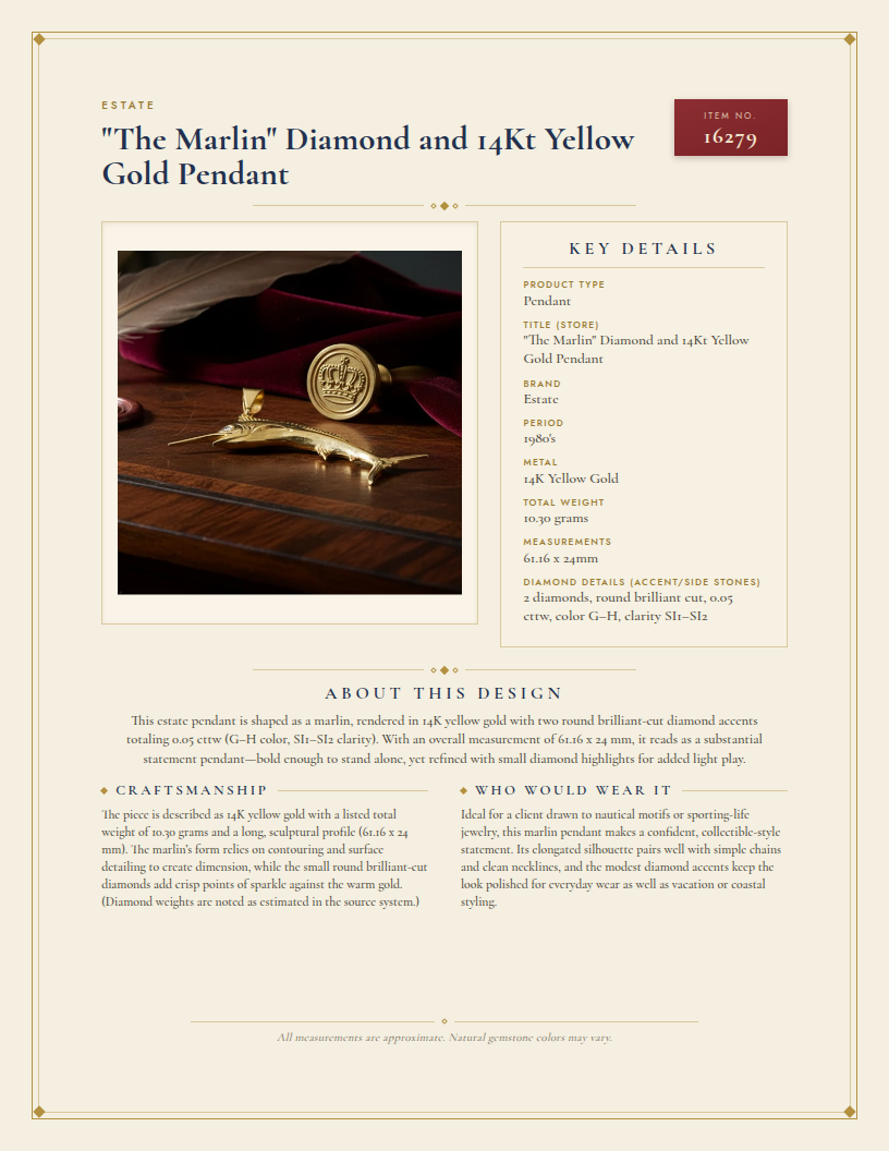 "The Marlin" Diamond and 14Kt Yellow Gold Pendant — anatomy card
