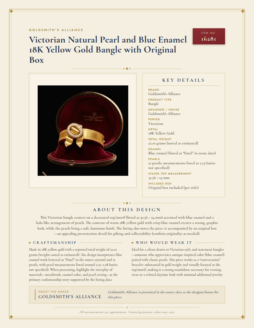 Victorian Natural Pearl and Blue Enamel 18K Yellow Gold Bangle with Original Box — anatomy card