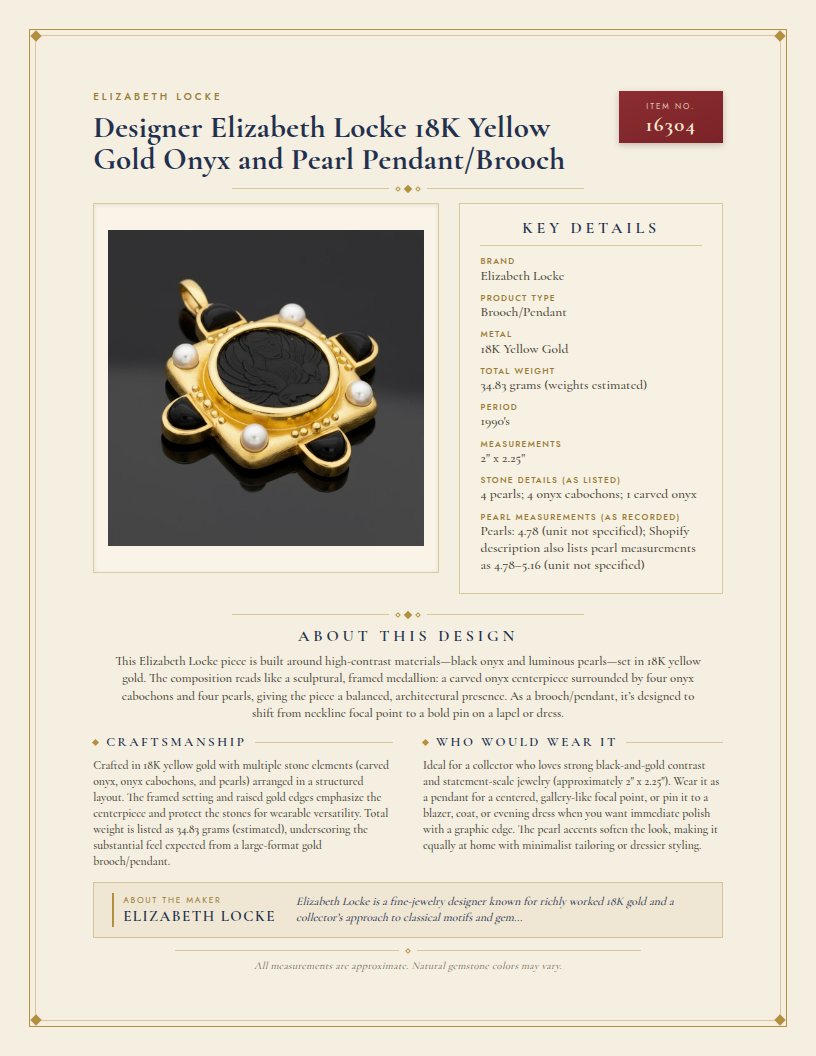 Designer Elizabeth Locke 18K Yellow Gold Onyx and Pearl Pendant/Brooch — anatomy card