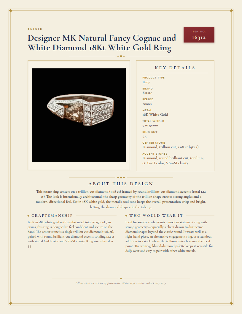 Designer MK Natural Fancy Cognac and White Diamond 18Kt White Gold Ring — anatomy card