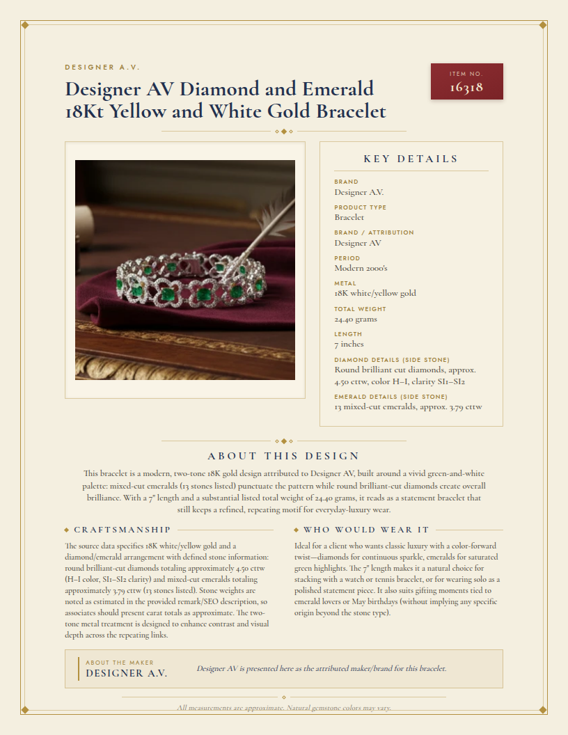 Designer AV Diamond and Emerald 18Kt Yellow and White Gold Bracelet — anatomy card