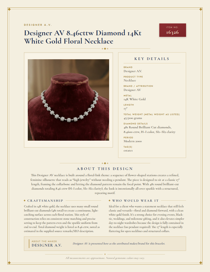 Designer AV 8.46cttw Diamond 14Kt White Gold Floral Necklace — anatomy card
