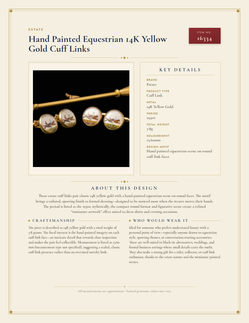Hand Painted Equestrian 14K Yellow Gold Cuff Links — anatomy card