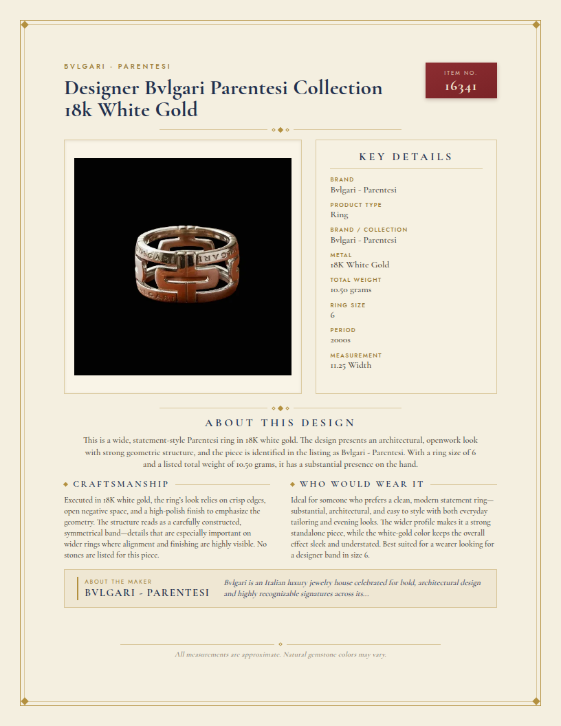 Designer Bvlgari Parentesi Collection 18k White Gold — anatomy card