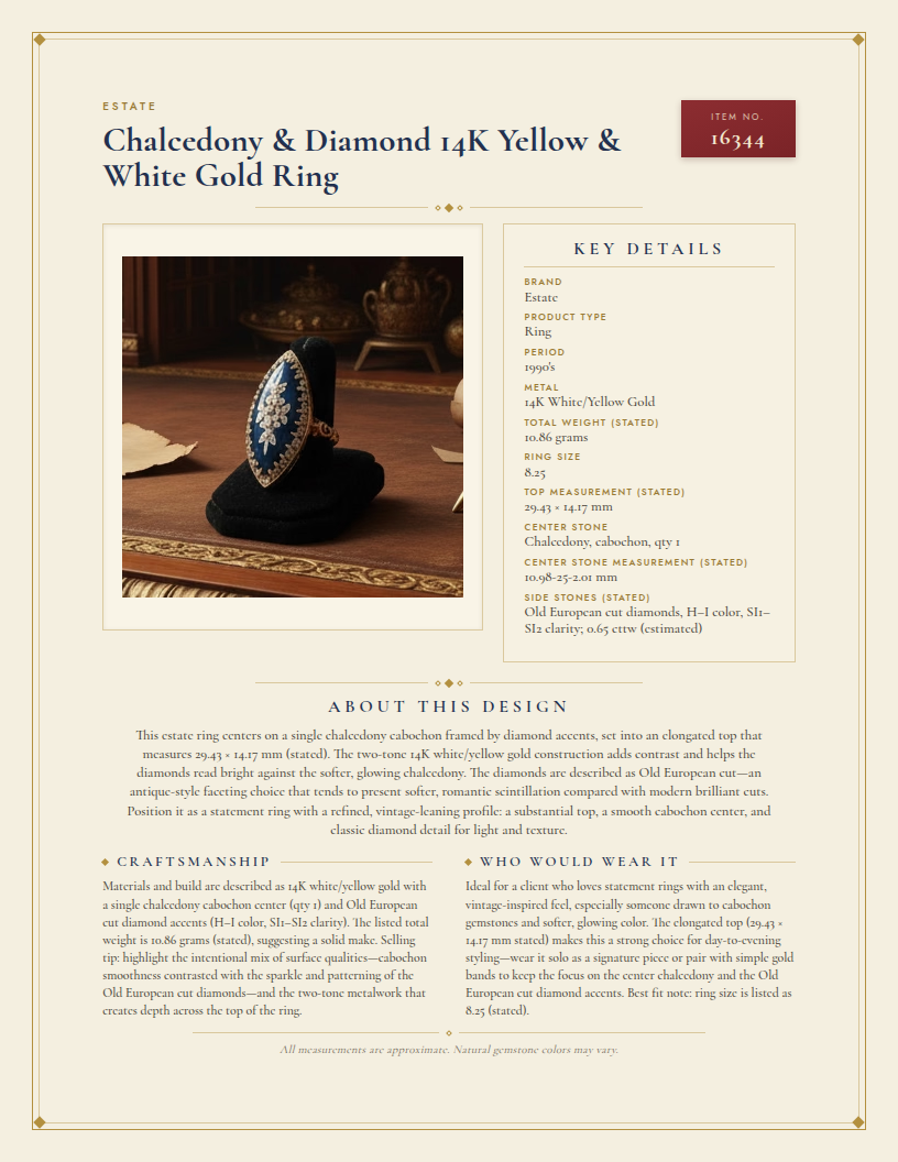 Chalcedony & Diamond 14K Yellow & White Gold Ring — anatomy card