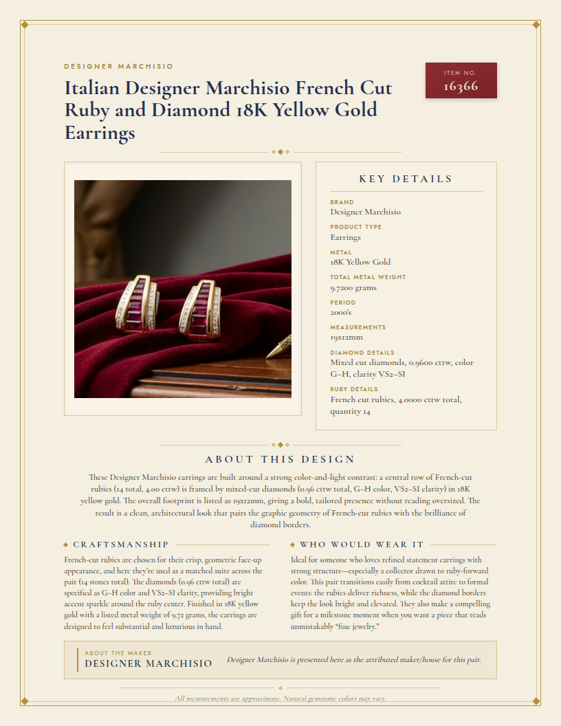 Italian Designer Marchisio French Cut Ruby and Diamond 18K Yellow Gold Earrings — anatomy card