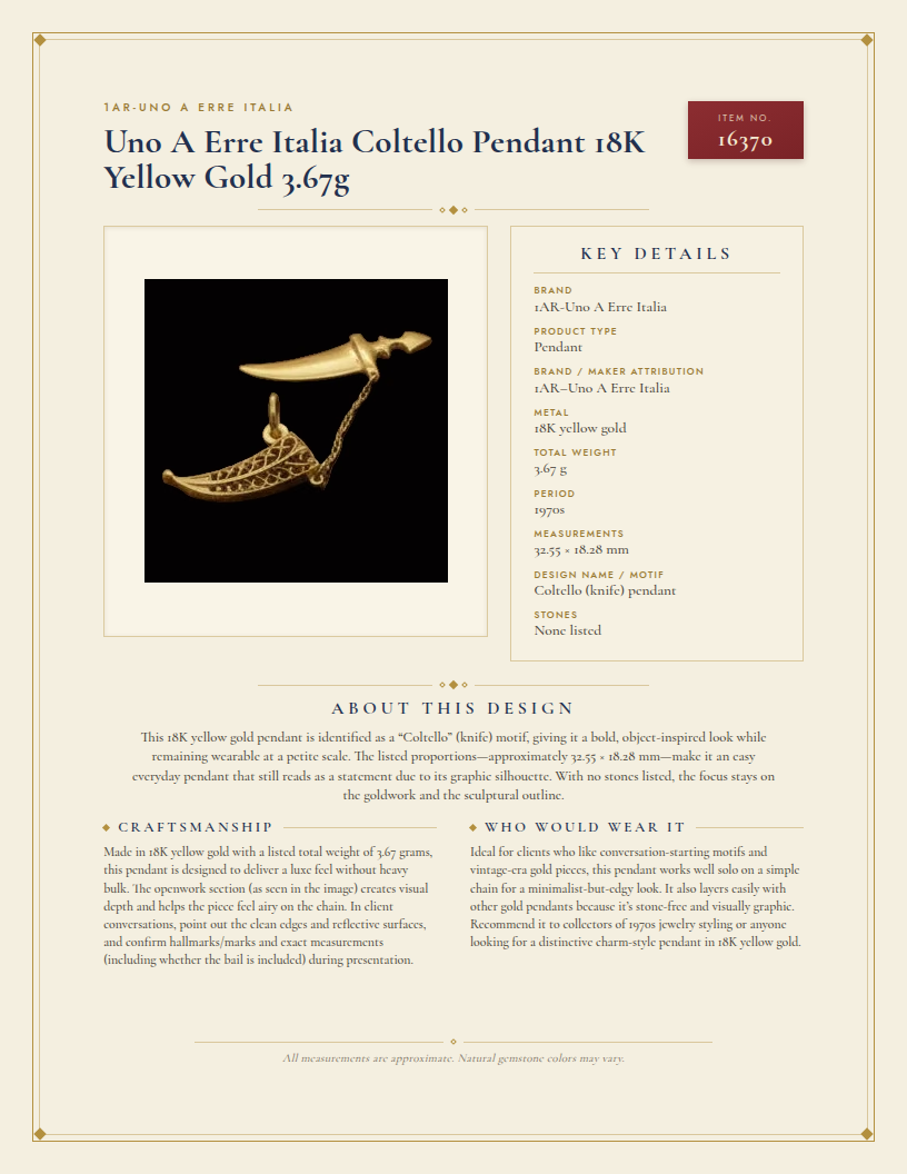 Uno A Erre Italia Coltello Pendant 18K Yellow Gold 3.67g — anatomy card