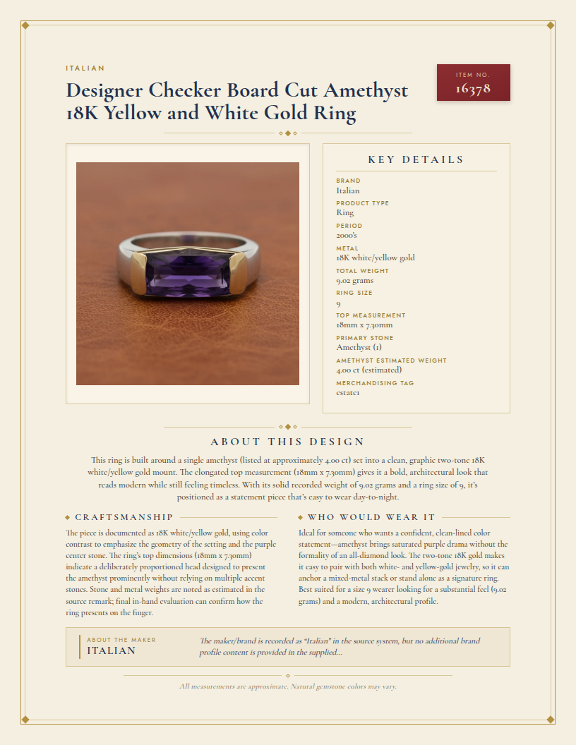 Italian Designer Checker Board Cut Amethyst 18K Yellow and White Gold Ring — anatomy card