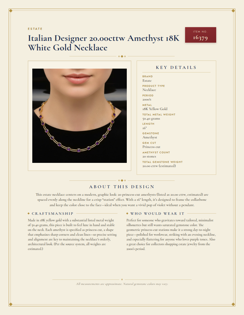 Italian Designer 20.00cttw Amethyst 18K White Gold Necklace — anatomy card
