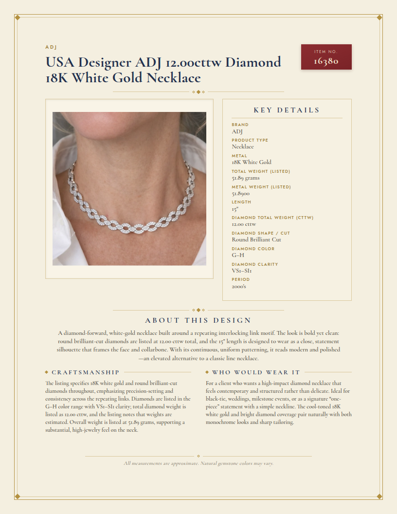 USA Designer ADJ 12.00cttw Diamond 18K White Gold Necklace — anatomy card