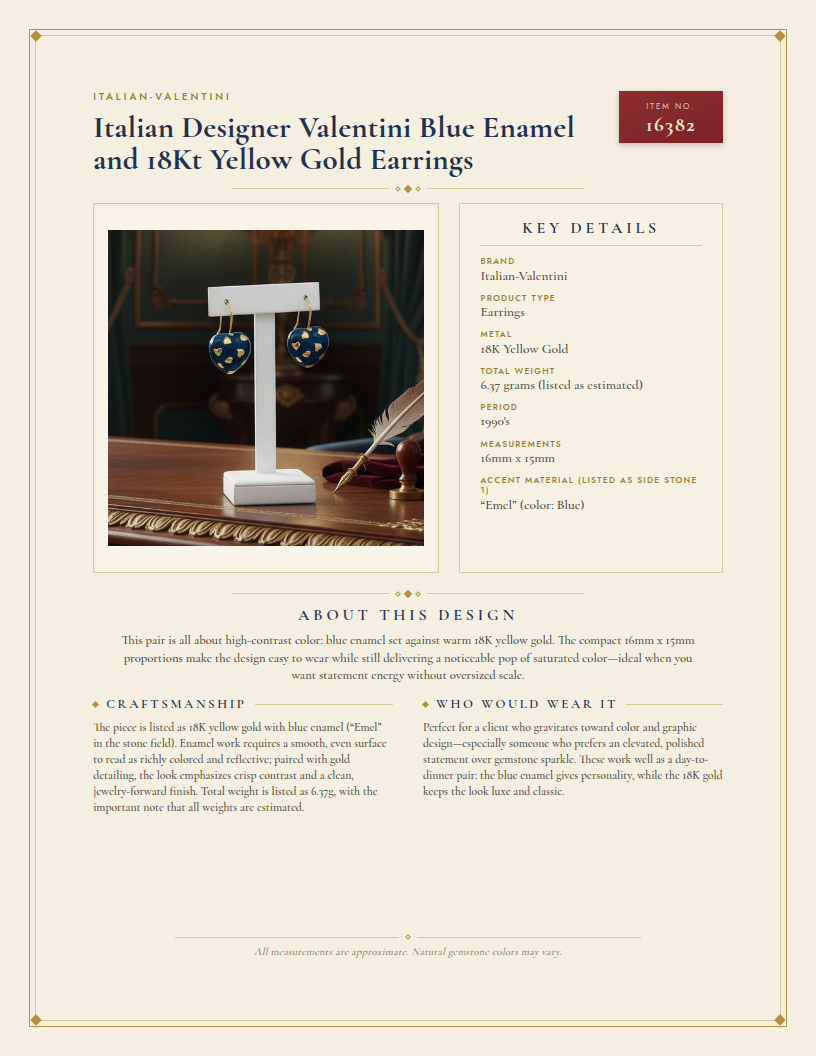Italian Designer Valentini Blue Enamel and 18Kt Yellow Gold Earrings — anatomy card