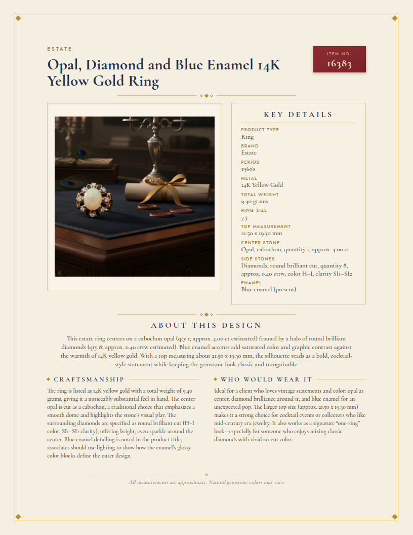 Estate Opal, Diamond and Blue Enamel 14K Yellow Gold Ring — anatomy card
