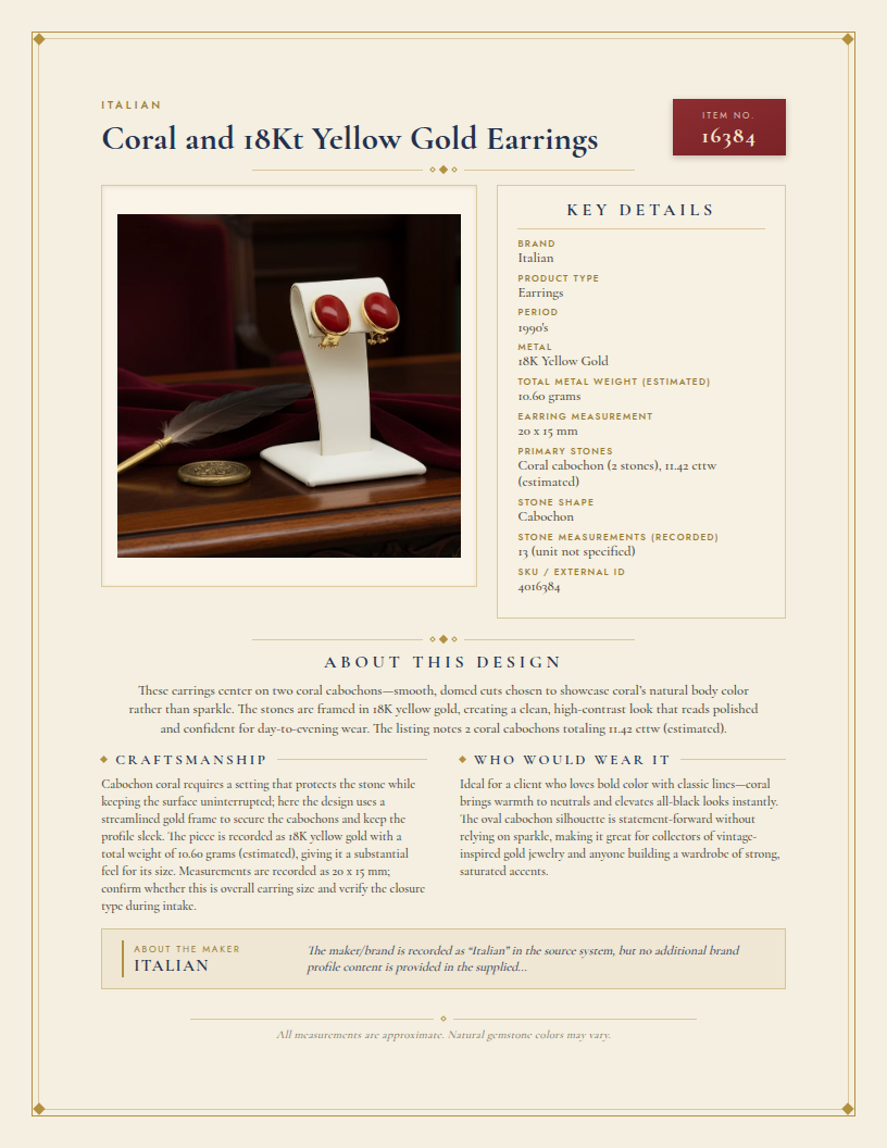 Italian Coral and 18Kt Yellow Gold Earrings — anatomy card