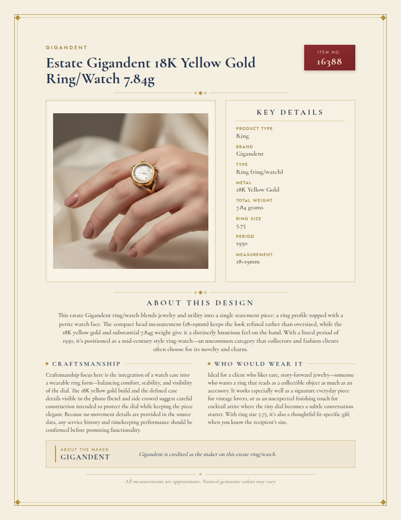 Estate Gigandent 18K Yellow Gold Ring/Watch 7.84g — anatomy card