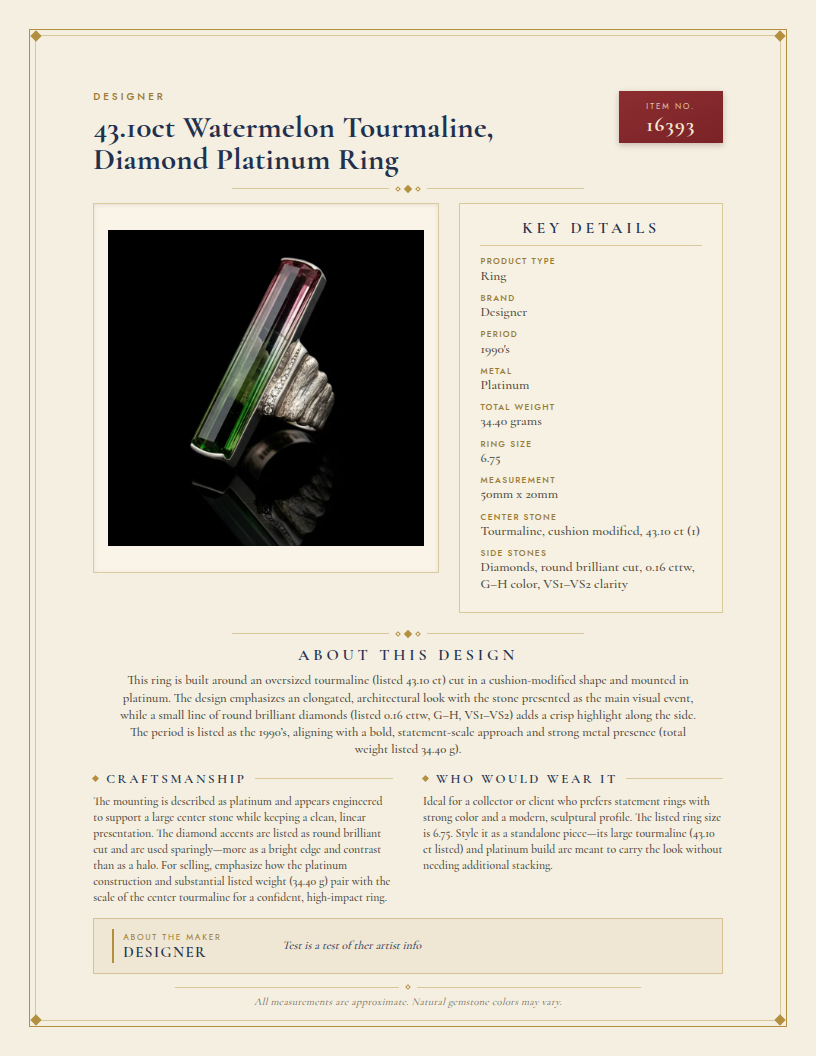 Designer 43.10ct Watermelon Tourmaline, Diamond Platinum Ring — anatomy card