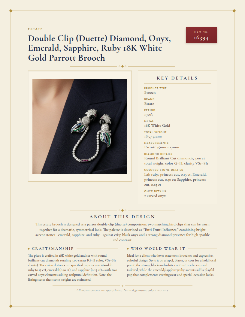 Estate Double Clip (Duette) Diamond, Onyx, Emerald, Sapphire, Ruby 18K White Gold Parrott Brooch — anatomy card