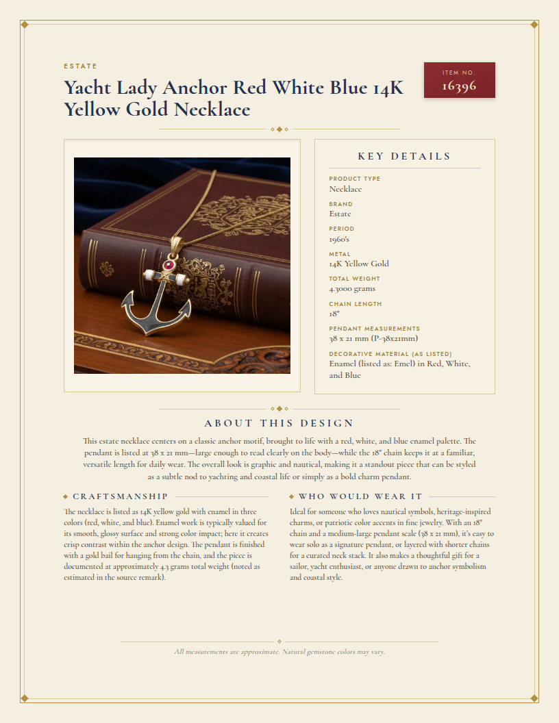 Yacht Lady Anchor Red White Blue 14K Yellow Gold Necklace — anatomy card