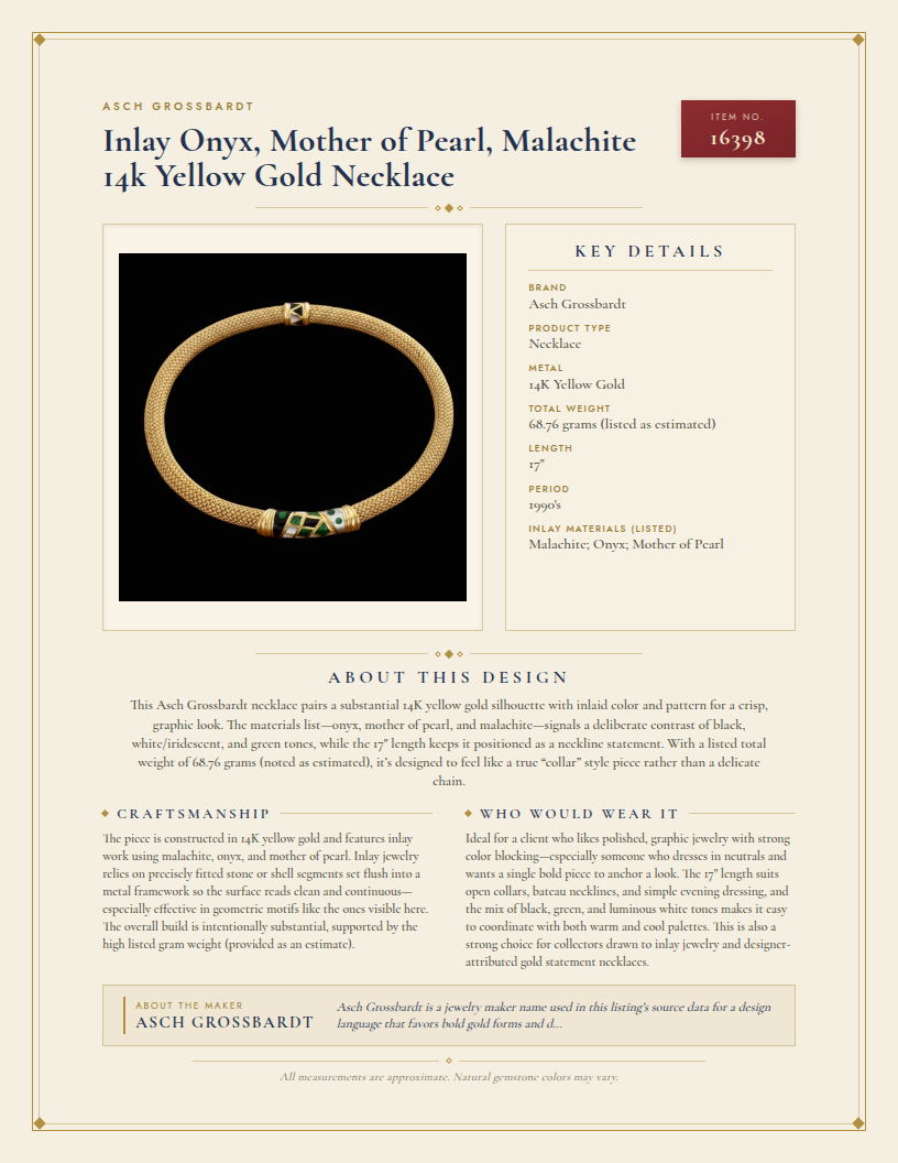 Asch Grossbardt Inlay Onyx, Mother of Pearl, Malachite 14k Yellow Gold Necklace — anatomy card