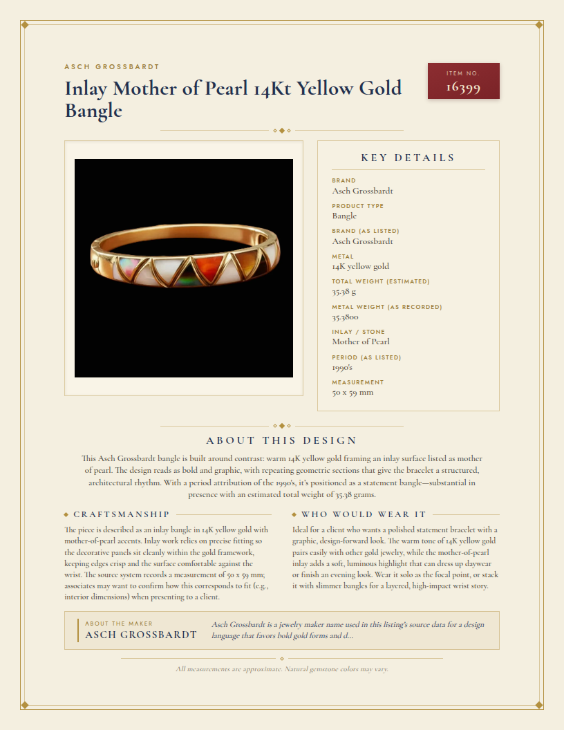 Asch Grossbardt Inlay Mother of Pearl 14Kt Yellow Gold Bangle — anatomy card