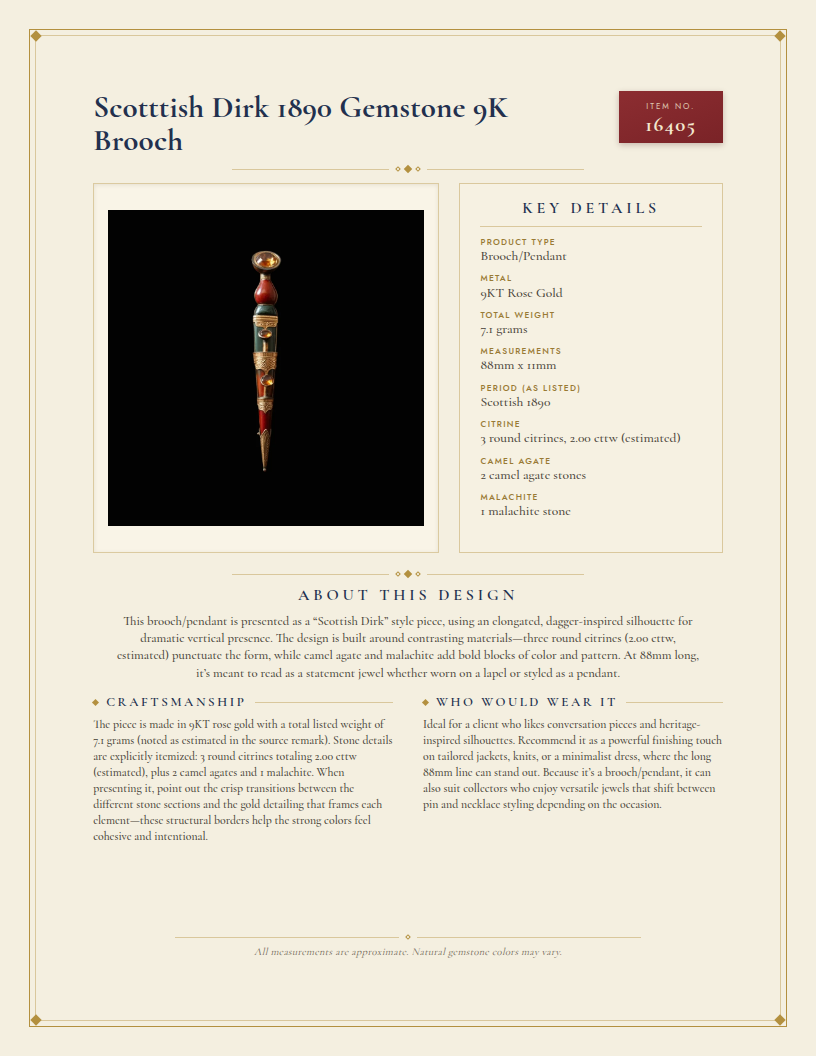 Scotttish Dirk 1890 Gemstone 9K Brooch — anatomy card