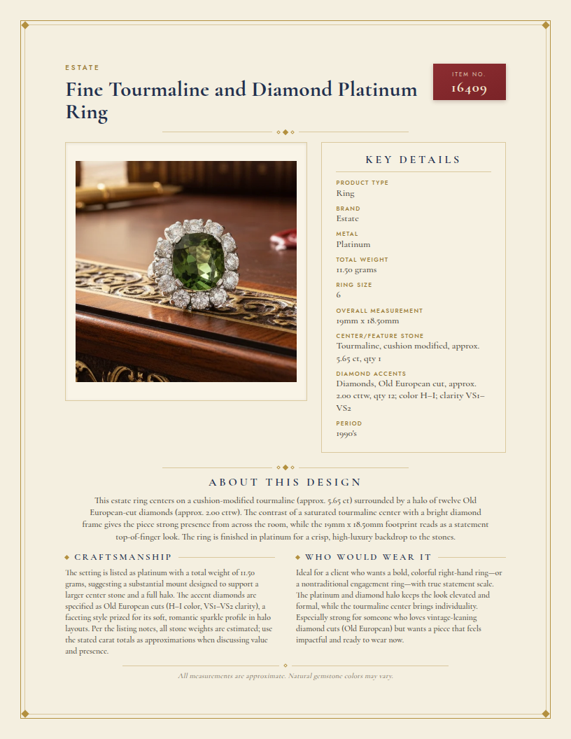 Fine Tourmaline and Diamond Platinum Ring — anatomy card