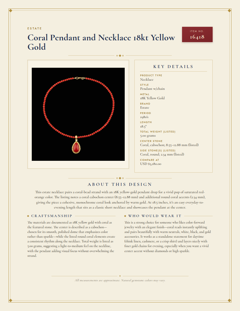 Estate Coral Pendant and Necklace 18kt Yellow Gold — anatomy card