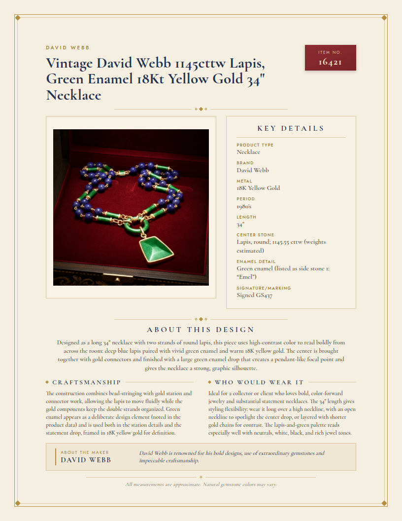 Vintage David Webb 1145cttw Lapis, Green Enamel 18Kt Yellow Gold 34" Necklace — anatomy card