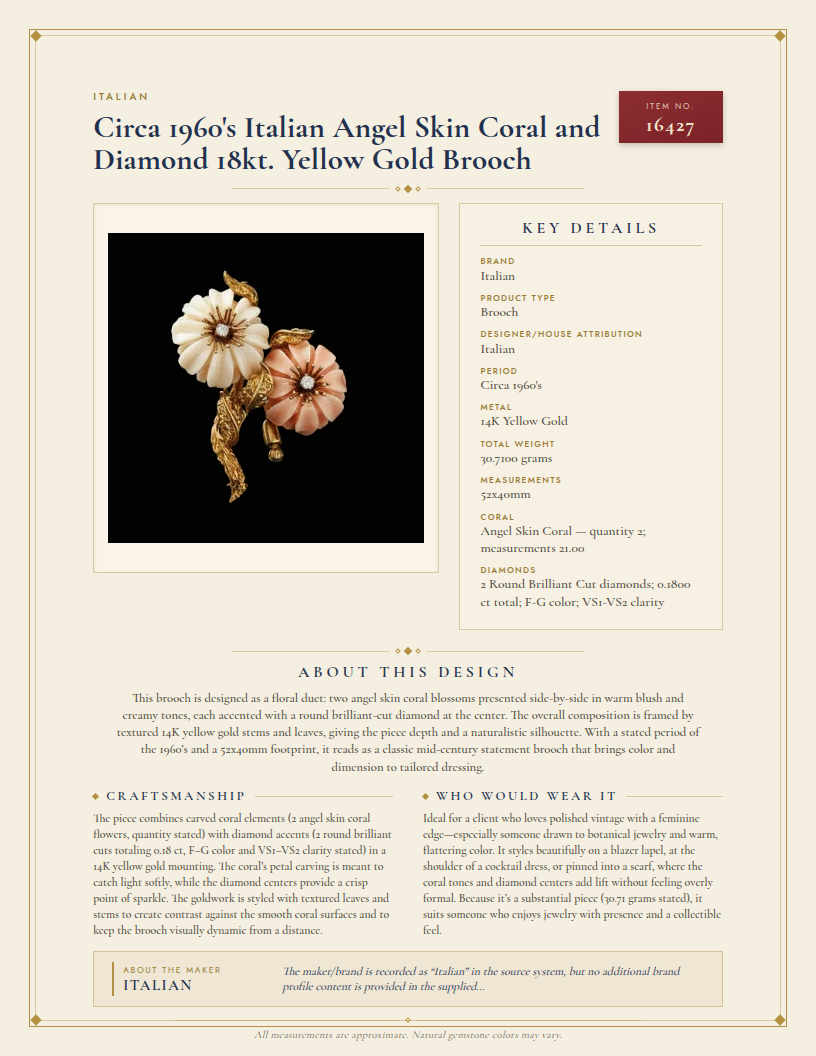 Circa 1960's Italian Angel Skin Coral and Diamond 18kt. Yellow Gold Brooch — anatomy card
