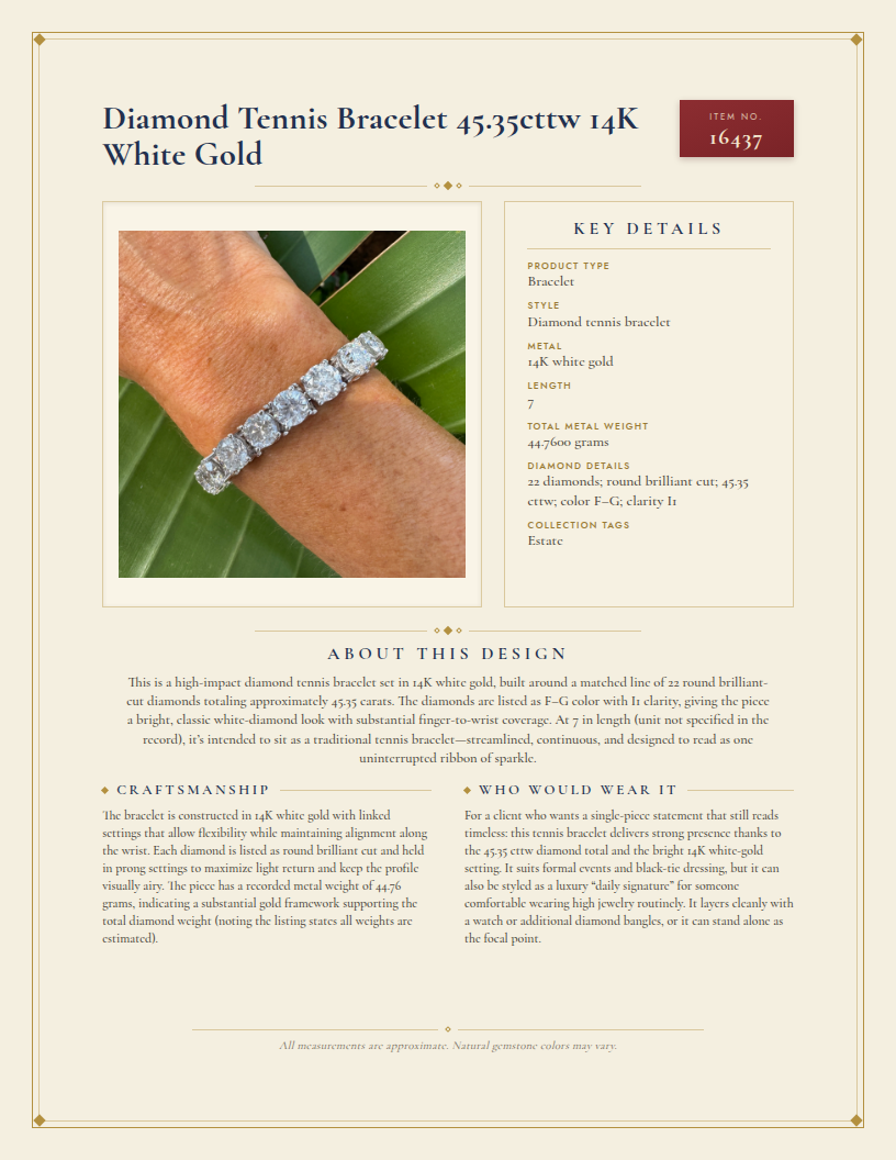Diamond Tennis Bracelet 45.35cttw 14K White Gold — anatomy card