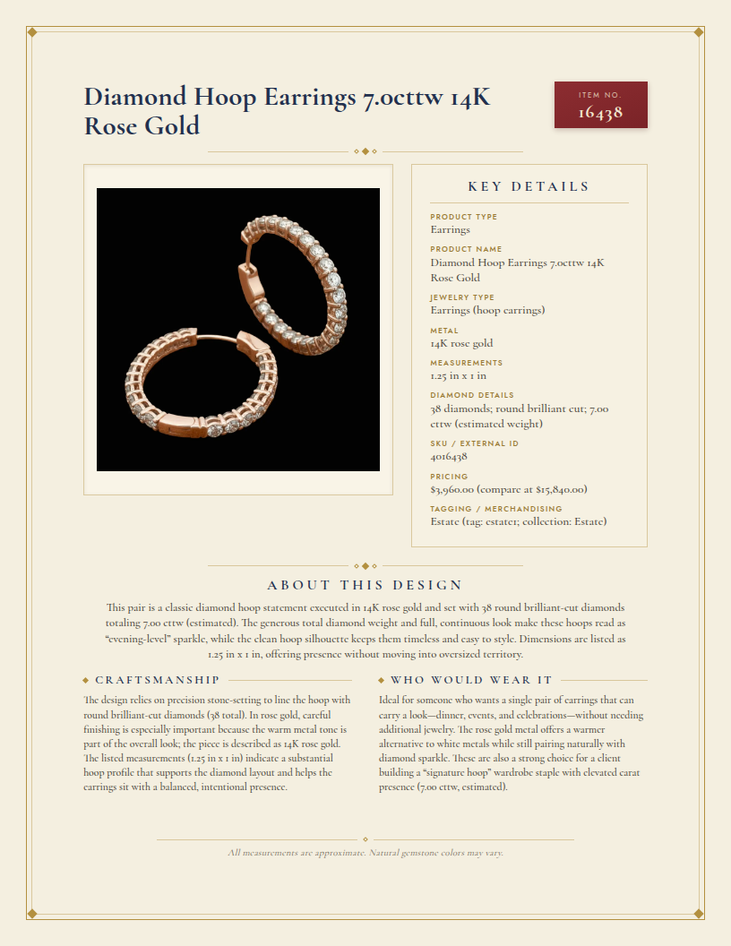 Diamond Hoop Earrings 7.0cttw 14K Rose Gold — anatomy card