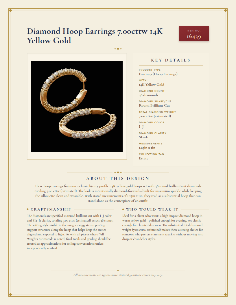 Diamond Hoop Earrings 7.00cttw 14K Yellow Gold — anatomy card