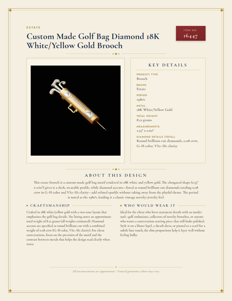 Custom Made Golf Bag Diamond 18K White/Yellow Gold Brooch — anatomy card