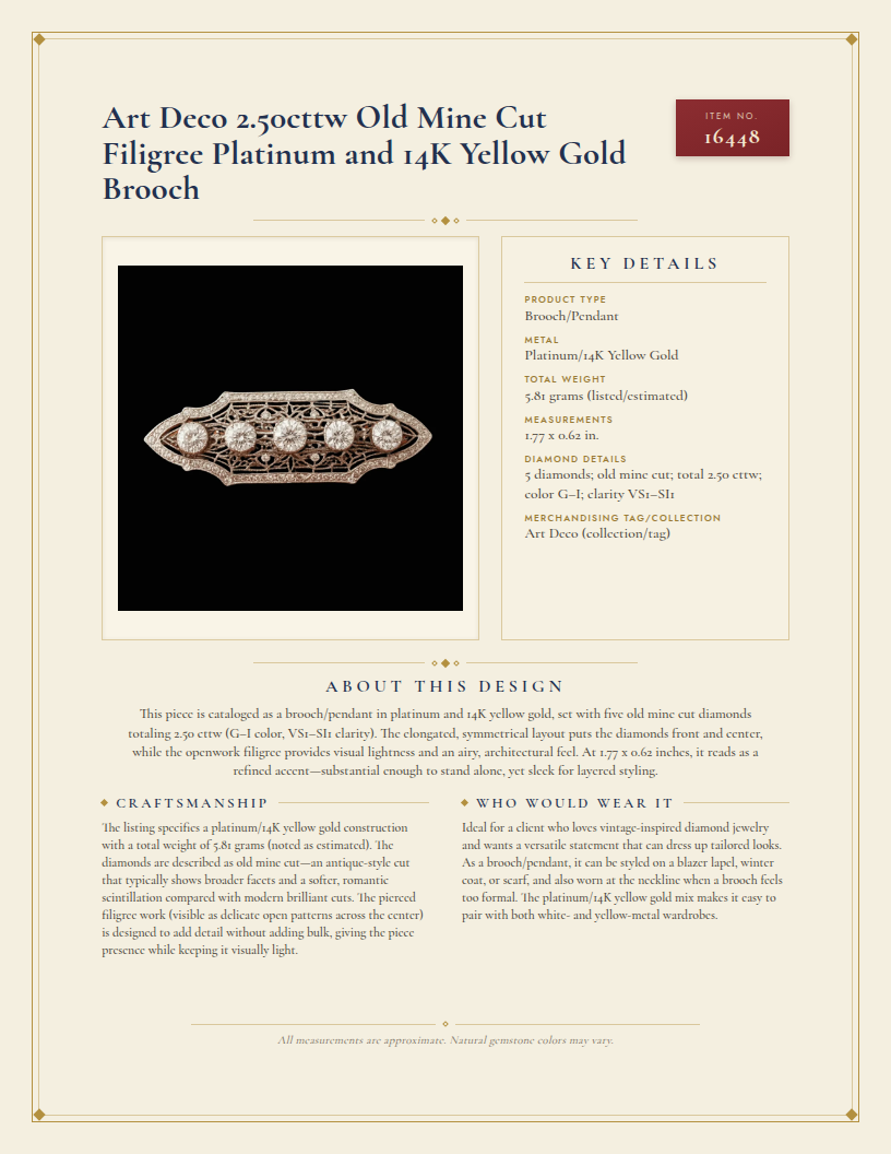 Art Deco 2.50cttw Old Mine Cut Filigree Platinum and 14K Yellow Gold Brooch — anatomy card