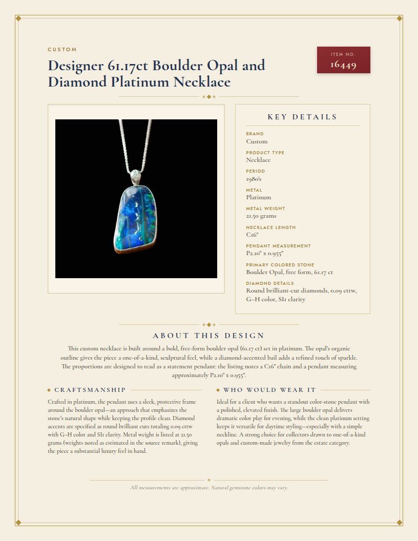 Custom Designer 61.17ct Boulder Opal and Diamond Platinum Necklace — anatomy card