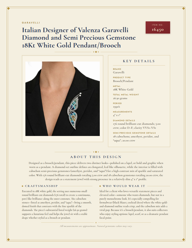 Italian Designer of Valenza Garavelli Diamond and Semi Precious Gemstone 18Kt White Gold Pendant/Brooch — anatomy card