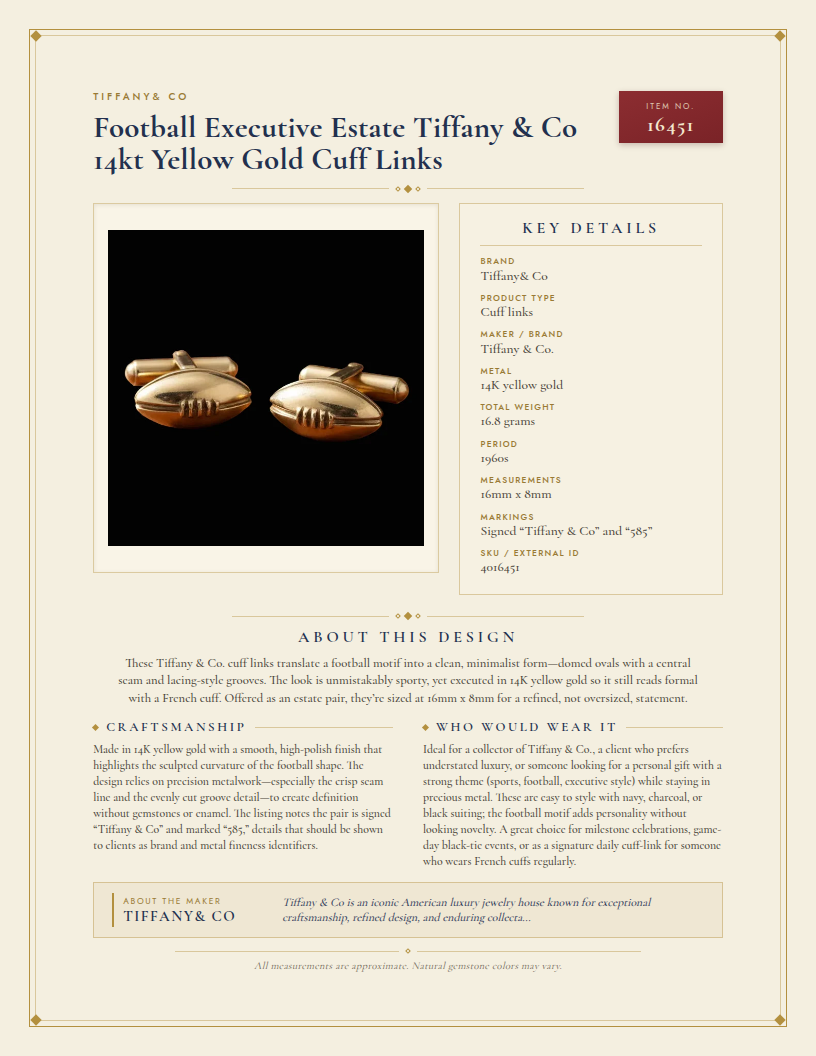 Football Executive Estate Tiffany & Co 14kt Yellow Gold Cuff Links — anatomy card