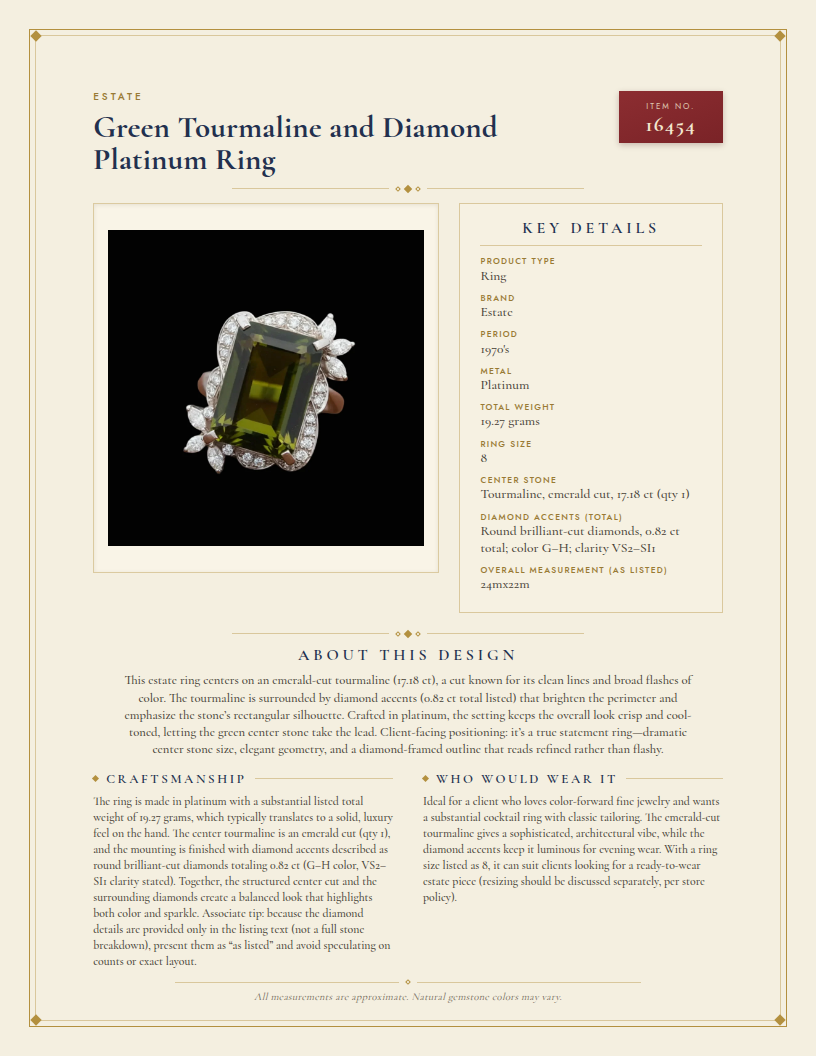 Estate Green Tourmaline and Diamond Platinum Ring — anatomy card