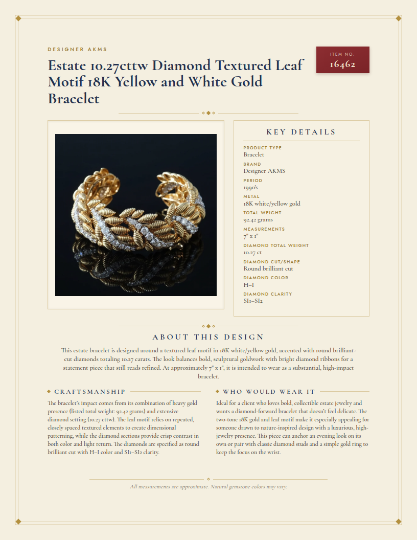 Estate 10.27cttw Diamond Textured Leaf Motif 18K Yellow and White Gold Bracelet — anatomy card