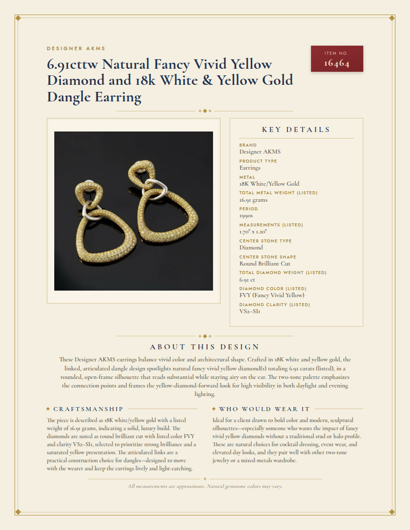 Designer AKMS 6.91cttw Natural Fancy Vivid Yellow Diamond and 18k White & Yellow Gold Dangle Earring — anatomy card