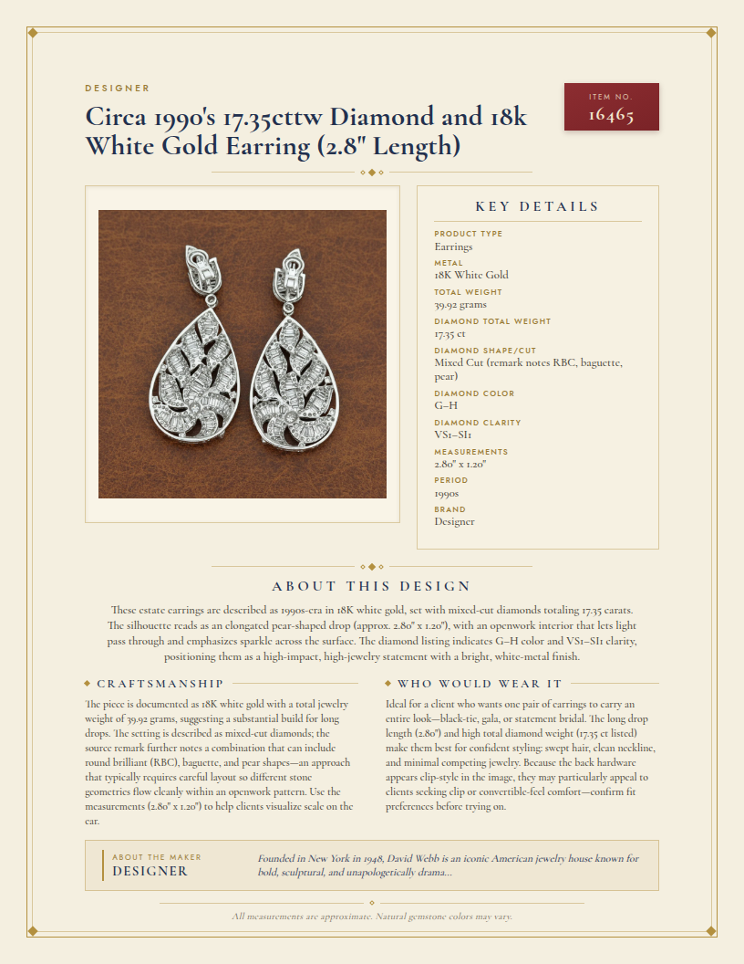 Designer Circa 1990's 17.35cttw Diamond and 18k White Gold Earring (2.8" Length) — anatomy card