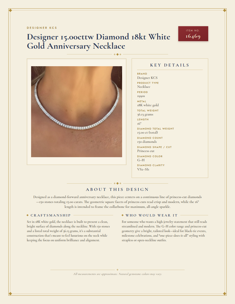 Designer 15.00cttw Diamond 18kt White Gold Anniversary Necklace — anatomy card