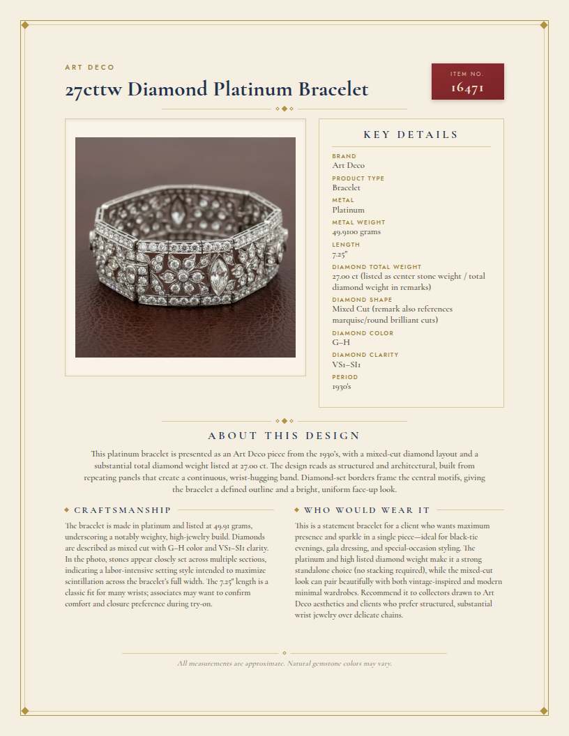 Art Deco 27cttw Diamond Platinum Bracelet — anatomy card