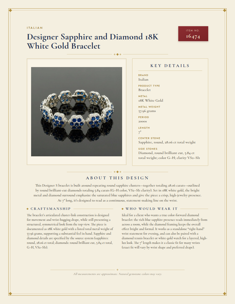 Designer Sapphire and Diamond 18K White Gold Bracelet — anatomy card