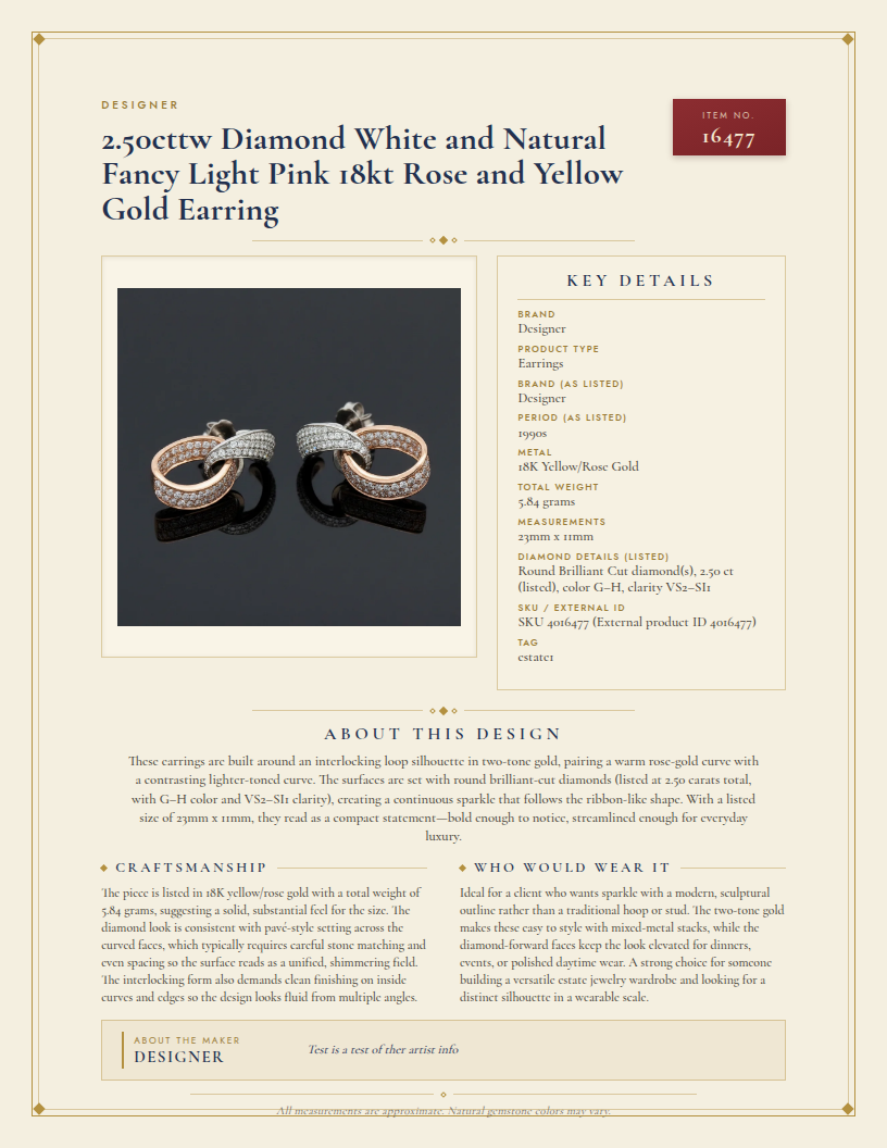 Designer 2.50cttw Diamond White and Natural Fancy Light Pink 18kt Rose and Yellow Gold Earring — anatomy card