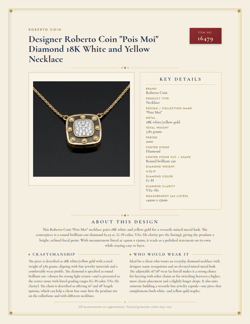 Designer Roberto Coin "Pois Moi" Diamond 18K White and Yellow Necklace — anatomy card