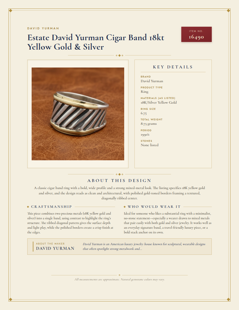 Estate David Yurman Cigar Band 18kt Yellow Gold & Silver — anatomy card