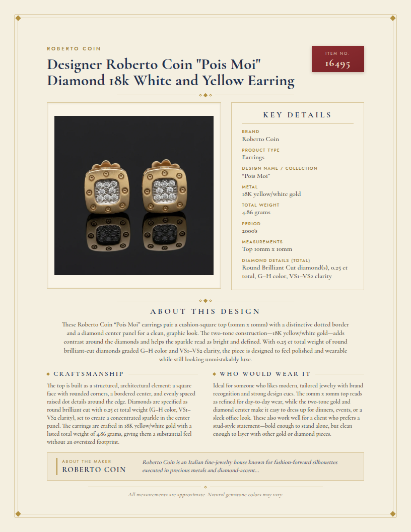 Designer Roberto Coin "Pois Moi" Diamond 18k White and Yellow Earring — anatomy card