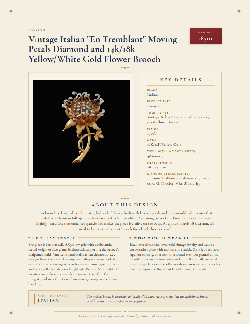 Vintage Italian "En Tremblant" Moving Petals Diamond and 14k/18k Yellow/White Gold Flower Brooch — anatomy card